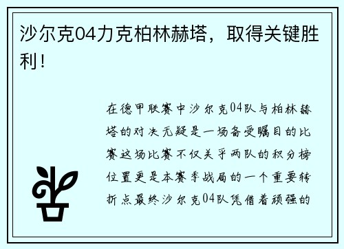 沙尔克04力克柏林赫塔，取得关键胜利！