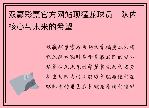 双赢彩票官方网站现猛龙球员：队内核心与未来的希望